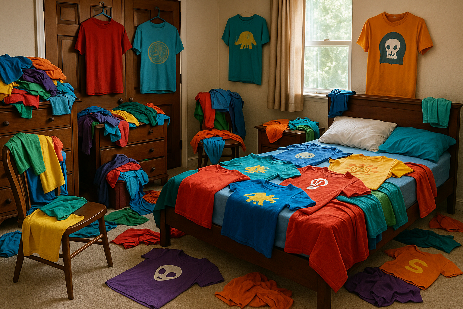 a busy person's bedroom is filled with colorful tshirts hanging, laying and strewn about. Some of the tshirts are plain colored, some have graphics